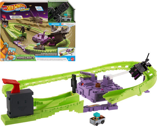 Hot Wheels Toy Car Track Set, RacerVerse Minecraft Playset & Die-Cast Diamond Armor Steve in Minecart Vehicle, Launch & Race to Defeat Ender Dragon