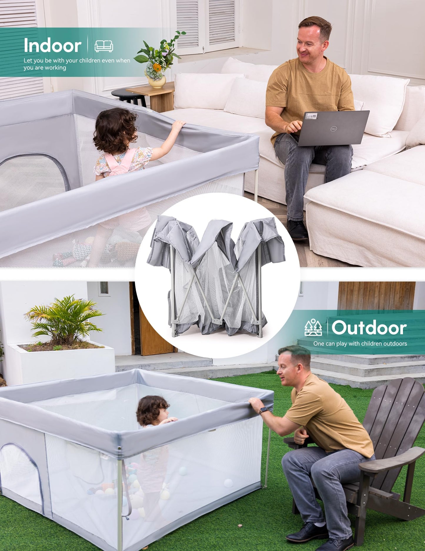 Babelio Foldable Baby Playpen with Mat, 46" × 46" Portable Playard for Babies and Toddlers, Parents' Picks Awards Winner, Indoor & Outdoor Kids Safety Play Pen Area, Travel Fence, Grey