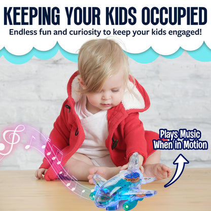 Playbees Light Up Transparent Gear Airplane Kids Bump and Go Autism Toys Colorful Moving Gears with Music and LED Effects Toddler Boy Toys Ages 3+