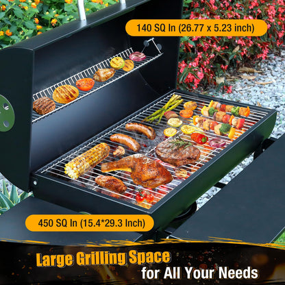 SUNLIFER Charcoal BBQ Grills Outdoor: Spacious Barrel Barbecue Grill with Side Front Table - Premium BBQ Smoker Combo for Backyard Cooking Patio Grilling Tailgating Party Camping Picnic