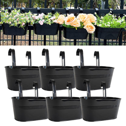 Joyfernal 12" Balcony Railing Planters, Outdoor Hanging Planter for Fence, Stylish Metal Porch Deck Flower Pot for Herbs & Succulents (Black, Pack of 6)