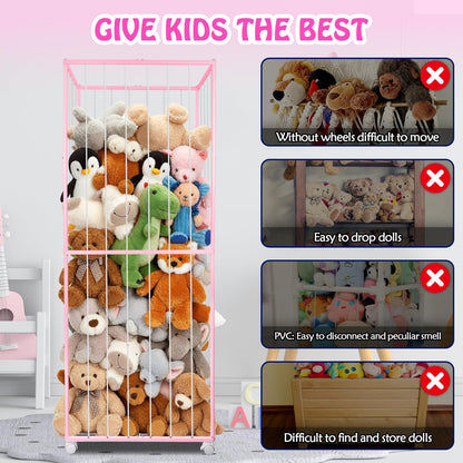 BETBEM Stuffed Animal Storage, Metal Tube Extra Large Toy Storage Organizer with Brake Wheels, Stuffed Animal Holder Zoo Organizer for Nursery Playroom Kids Room Pink(61” x 23.6”x 16.5”)