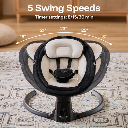 HARPPA Weddell Lite Electric Baby Swing for Infants with Music Speaker, 5 Adjustable Speeds, 5-Point Safety Harness, Timer Function, Compact Design for Indoor & Outdoor Use,Black