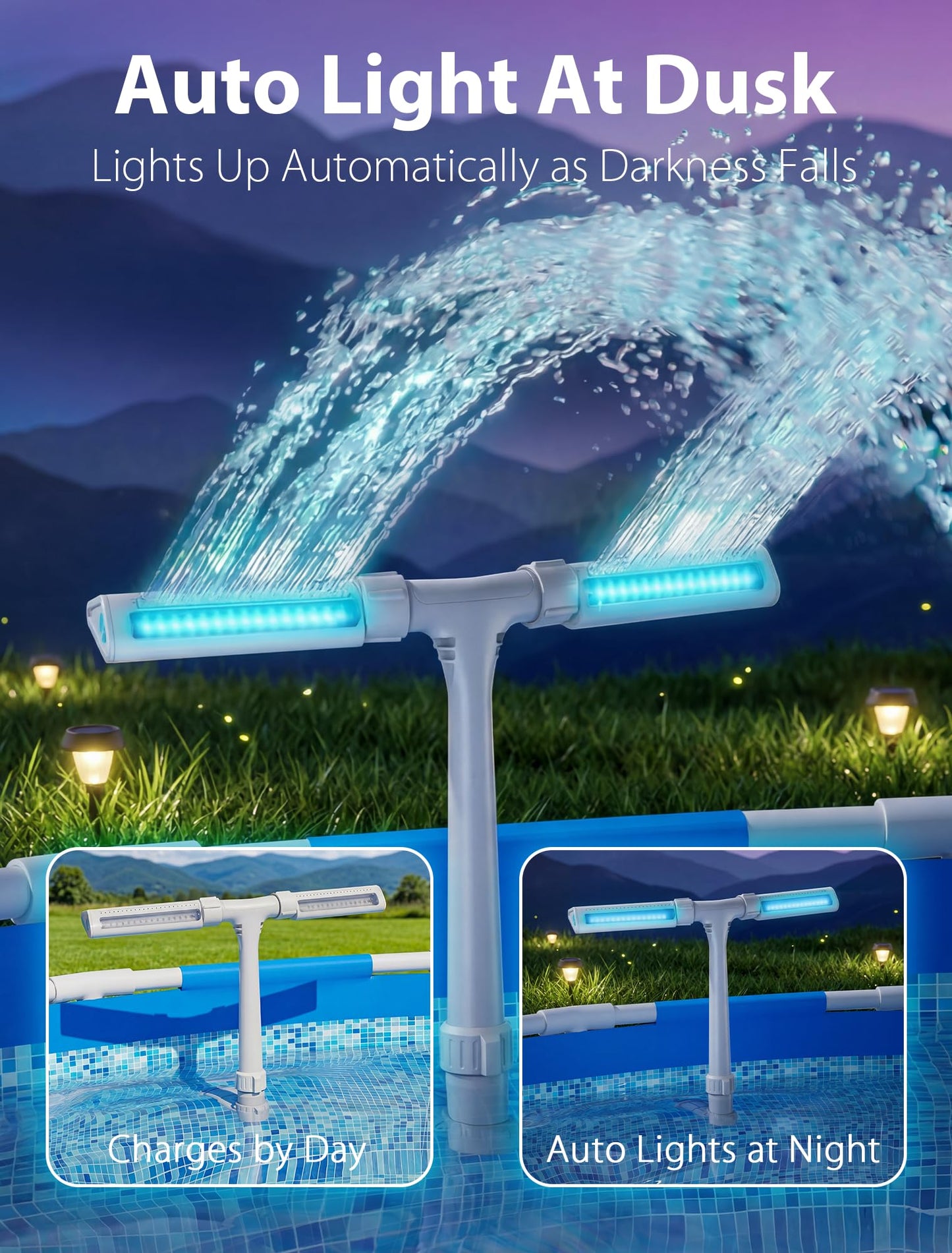2026 Height Upgrade Solar Pool Fountain with 10-Color 4-Modes Lights, Dual Spray Waterfall Sprinkler 360° Adjustable, Compatible with Above & Inground Pools for Cooler Relaxation (White)