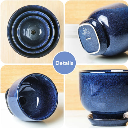 vicrays Ceramic Plant Pots Indoor - 6.8/5.5/4.3 Inch Planter Pot with Drainage Hole and Saucer for Succulent Orchid Flower Herbs Cactus - Gardening Home Desktop Office Decor – Set of 3 Blue