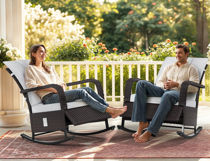 YITAHOME Outdoor Rocking Chair Set of 2, Wicker Lounge Chairs with Adjustment Backrest, PE Rattan Patio Recliner Chair with Adjustable Footrest and Soft Cushions, Ideal for Garden Backyard Porch Patio