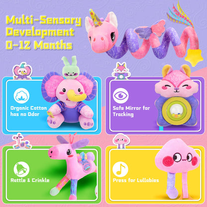 Zendstanding Musical Car Seat Toy for Babies 0-12 Months Girl, 5-in-1 Sensory Activity Hanging Toy Stroller Toy with Soothing Music, Rattle, Mirror for Newborn Infants Essential Gifts, Unicorn