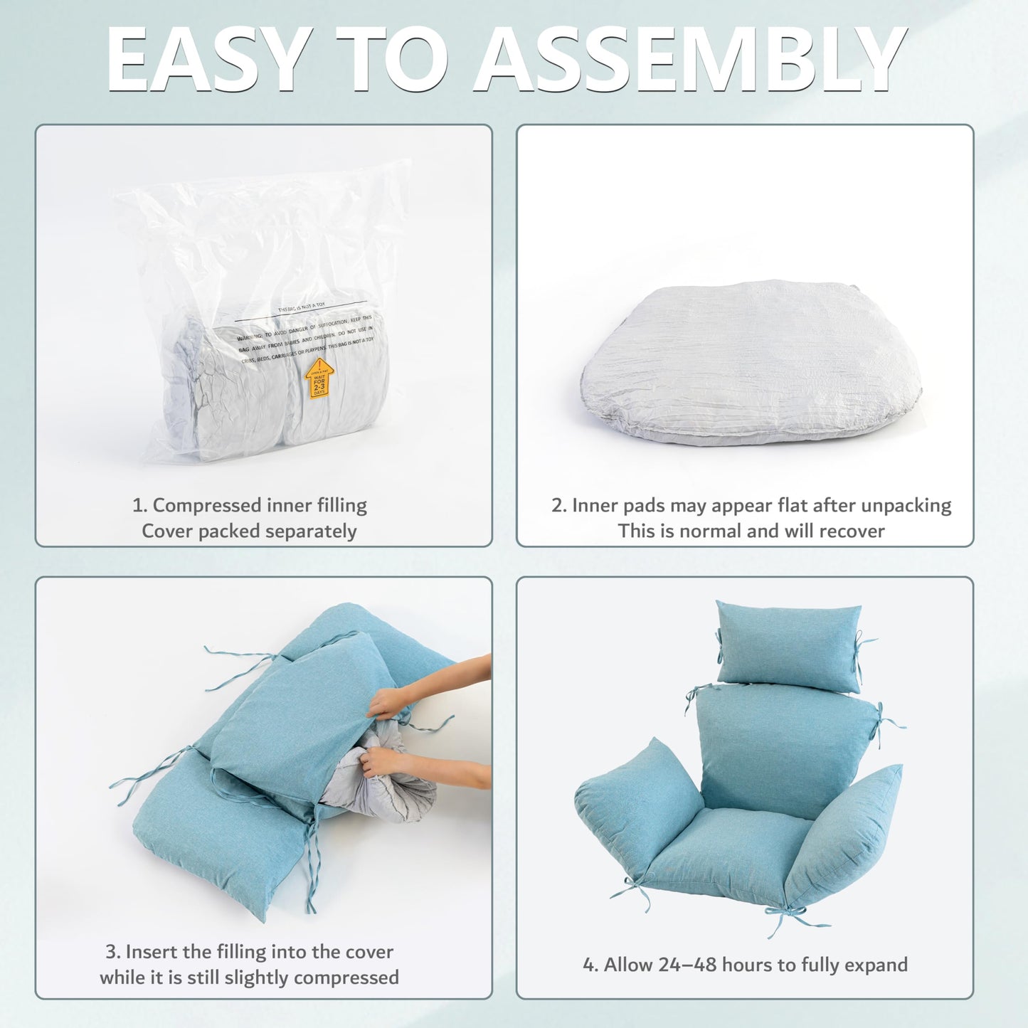 Honorbox Egg Chair Cushion with 8 Securing Straps, Water-Repellent & Fade-Resistant Faux Linen, Removable Cover, Replacement Cushion for Most Single Outdoor Hanging Swing Egg Chairs – Teal