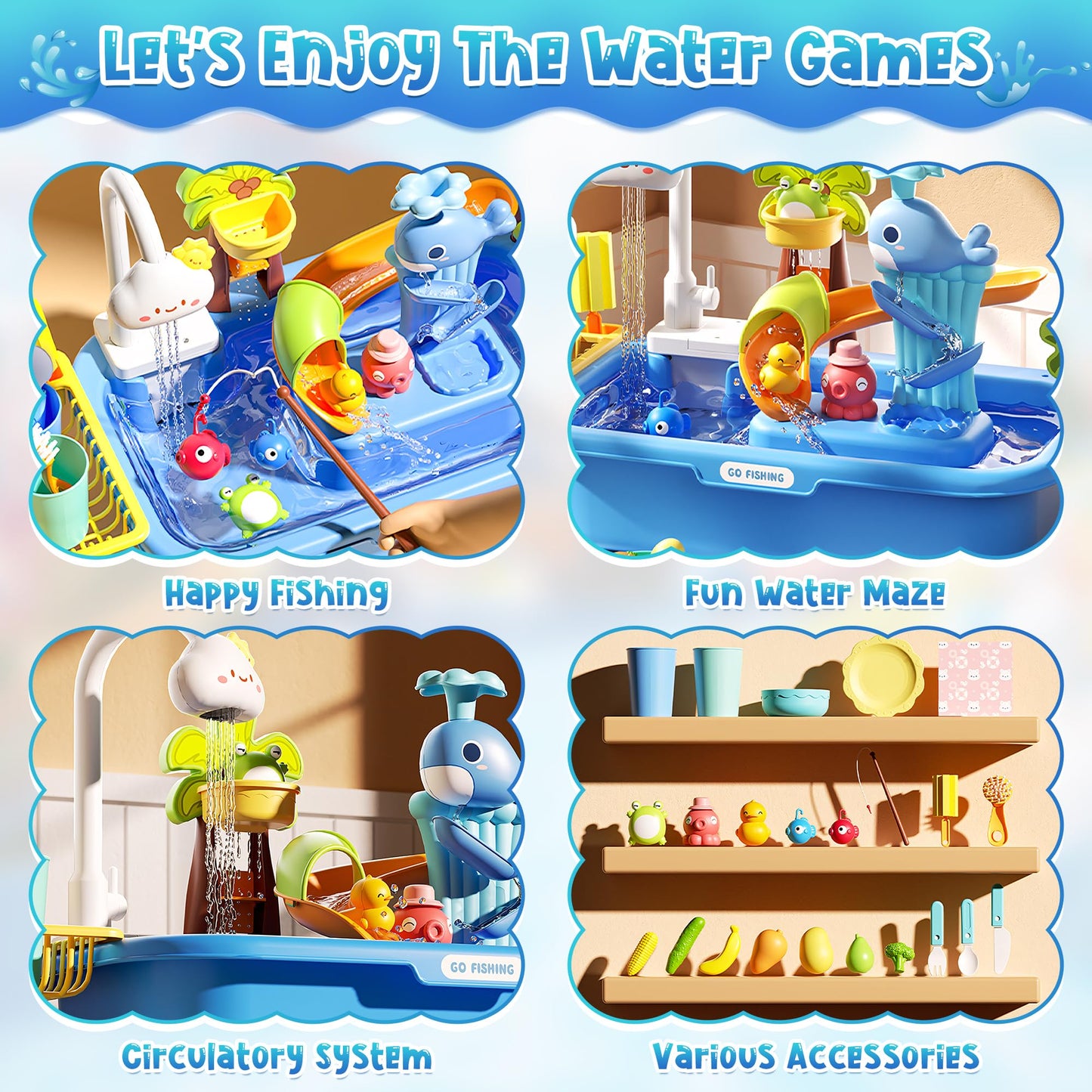 Dtadvlo Upgraded Toddler Sand Water Table Toy with Electric Water Pump, Kids Sand Water with Faucet/Play Food Accessories/Fishing Toy, Kitchen Play Sink Toys for Girl Boy Age 3+