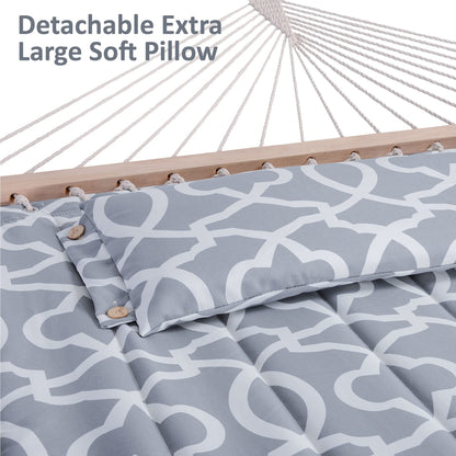 SUNCREAT 55 Inch Extra Large Double Hammock with Stand, 475lbs Capacity, Outdoor Portable Hammock with Hardwood Spreader Bar, Extra Large Pillow, Grey