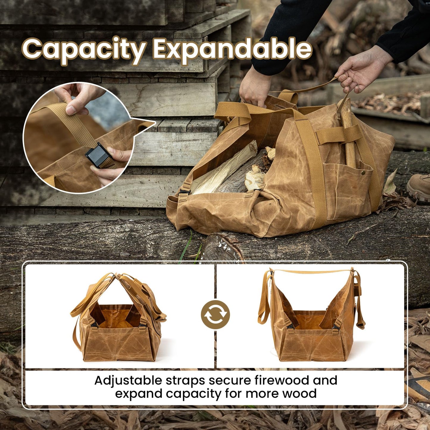 OneTigris Firewood Carrier, 2-in-1 Firewood Log Carrier Bag, Waxed Canvas Firewood Tote Carrier Extra Large Firewood Carriers with Handles for Fire Pit, Camping, Wood Stove, BBQ Barbecue