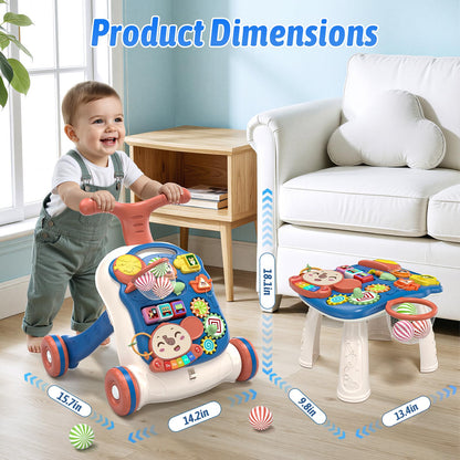 QDRAGON 3 in 1 Baby Walker and Activity Center for Boy, Learning to Walk, Sit to Stand, Early Educational Push Toys with Music Panel for Infant Toddler 12-18 Months Blue