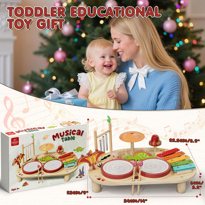 Lehoo Castle Baby Drum Set, Wooden Musical Instruments, Montessori Toys for Toddlers 1-3, Percussion Set with Xylophone Maracas Egg Shaker Drum Sticks, Preschool Christmas Birthday Gift