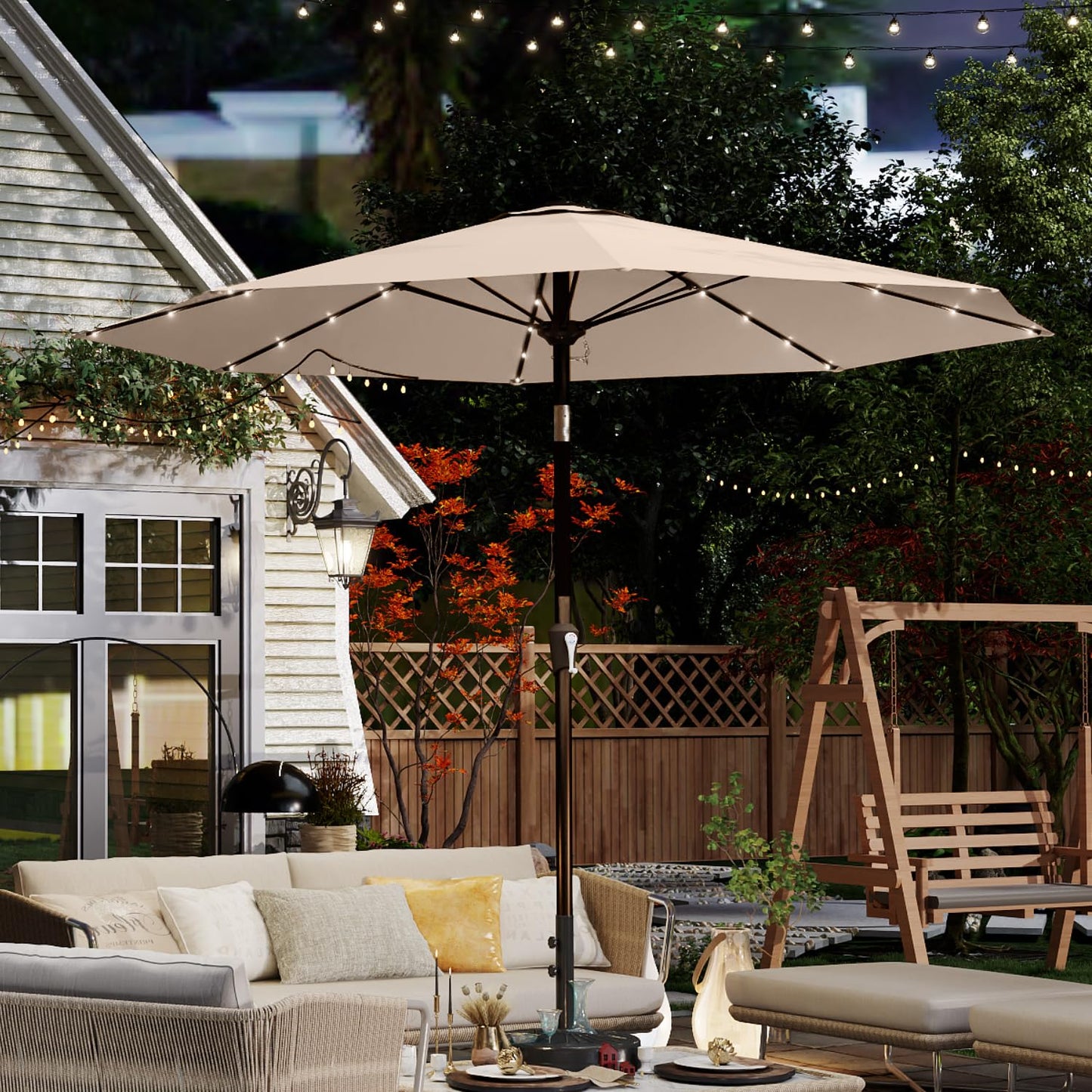 Patio Kingdom 10FT Solar Umbrella 32 LED Lighted Patio Umbrella Table Market Umbrella w/Tilt and Crank, UV-Resistant Outdoor Umbrella for Pool, Garden, Deck, Beige