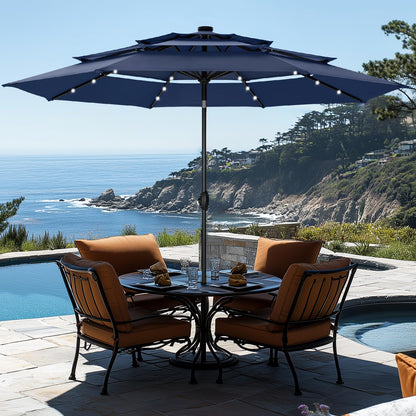 GREEN PARTY 10ft Patio Umbrella with Solar Lights, Auto-Tilt Lighted Market Table Umbrellas with Crank, 8 Sturdy Ribs & 1.5" Pole outdoor umbrellas for Patio Garden Deck Backyard Pool, Navy Blue