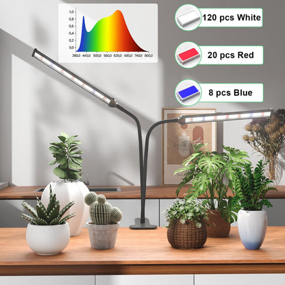 GooingTop Grow Light LED Gooseneck Lamp,Dual-Head White Full Spectrum 148 LED Plant Lamp with Red Blue Light Clip-on Desk for Indoor Plants Growing,Diming & Auto Timer,Super Bright