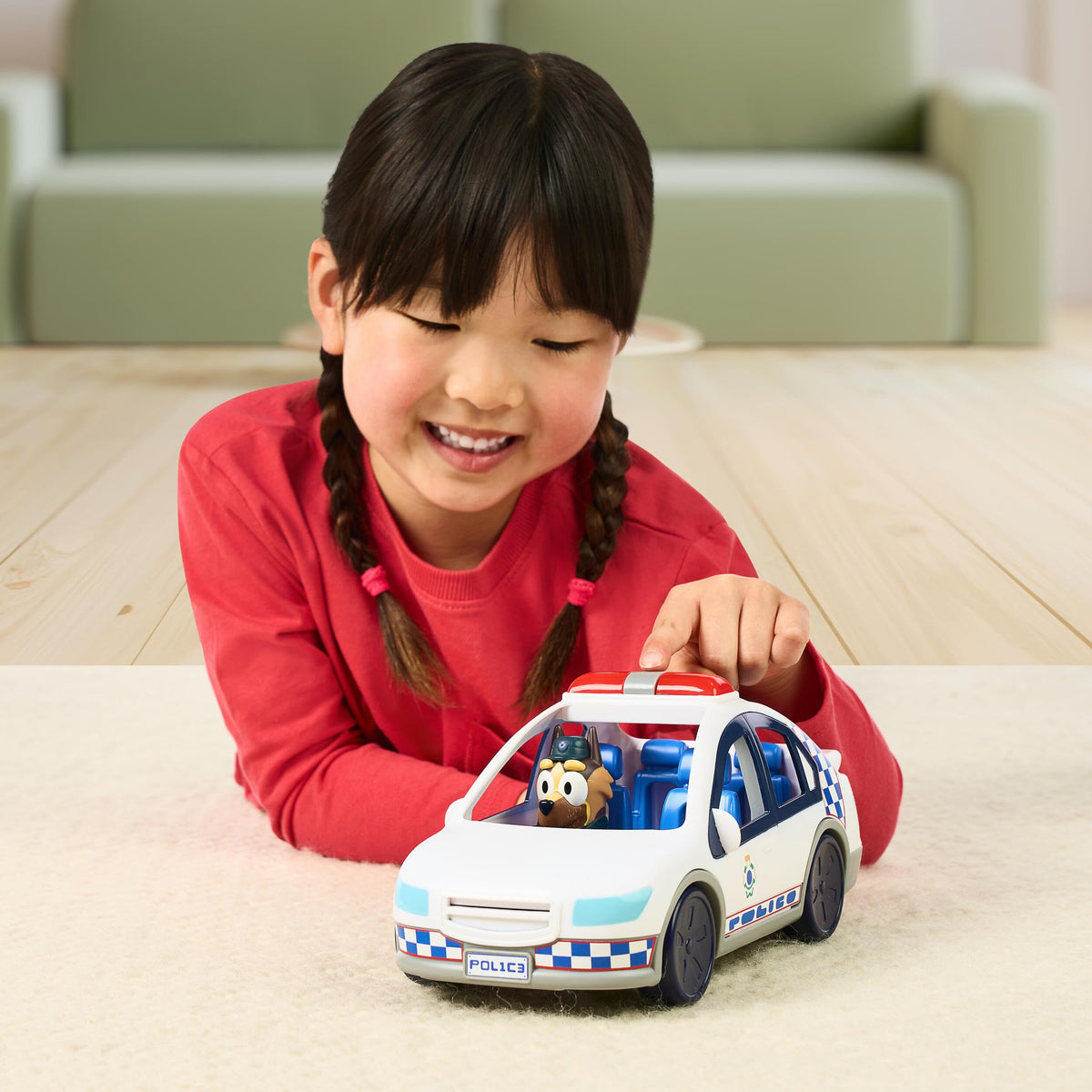 Bluey Police Car Toy, Vehicle from The Special Episode The Sign. Includes Toy Police Car with Flashing Lights & Sounds, Policeman Figure, and Themed Sticker Set. Batteries Included.