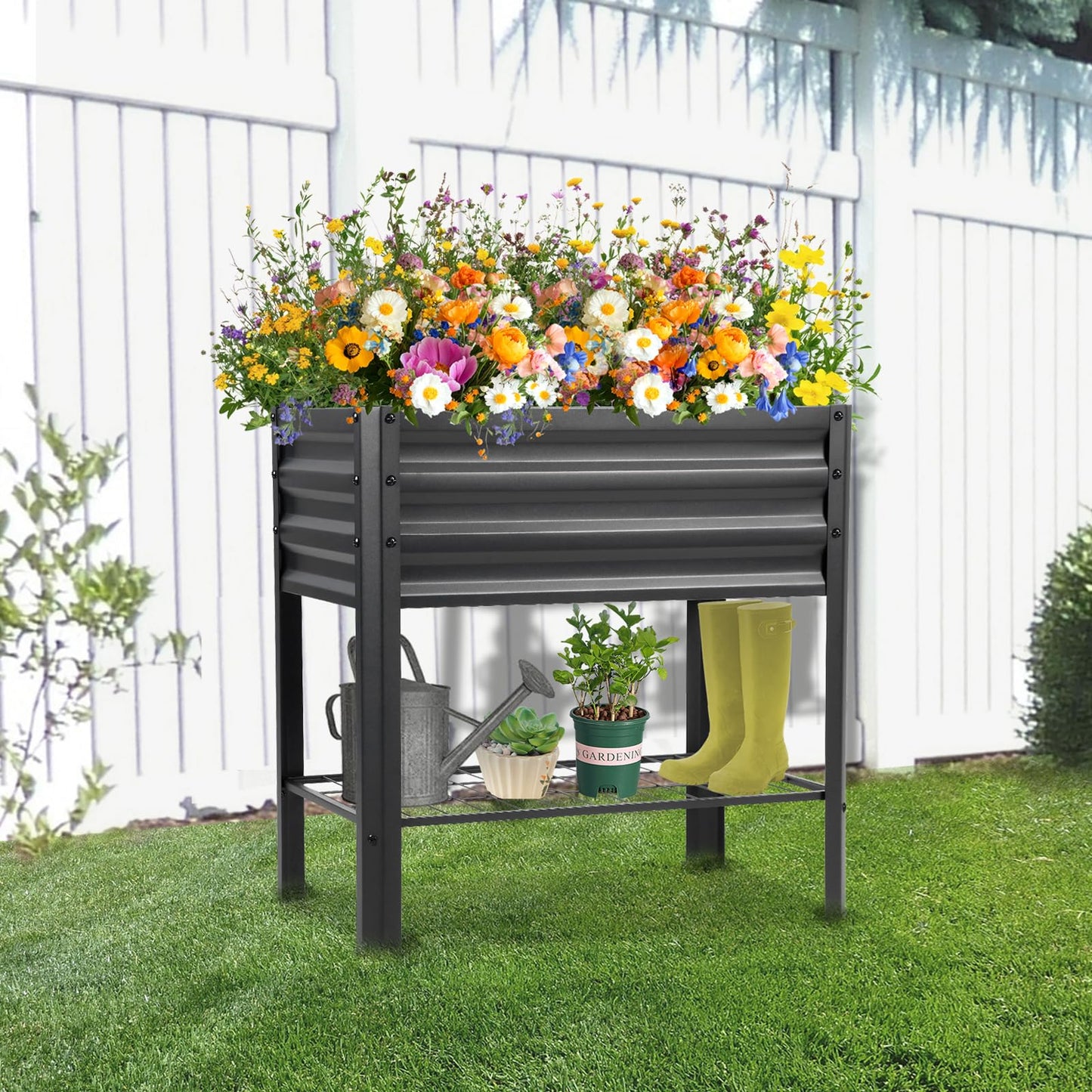 Veezyo Raised Garden Bed with Legs and Shelf, 2pcs 32"x20"x31.5" Elevated Metal Planter with Legs for Outdoor Vegetables and Herbs, Standing Raised Beds for Balcony, Patio, Lawn and Backyard