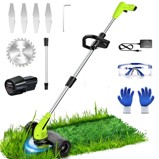 Aokia Electric Weed Wacker Cordless, 12V Battery Powered Weed Eater Cordless with Adjustable Pole (65inch), Lightweight Grass Trimmer Cutter/Mower with 2 Types Blade for Yard Lawn and Garden