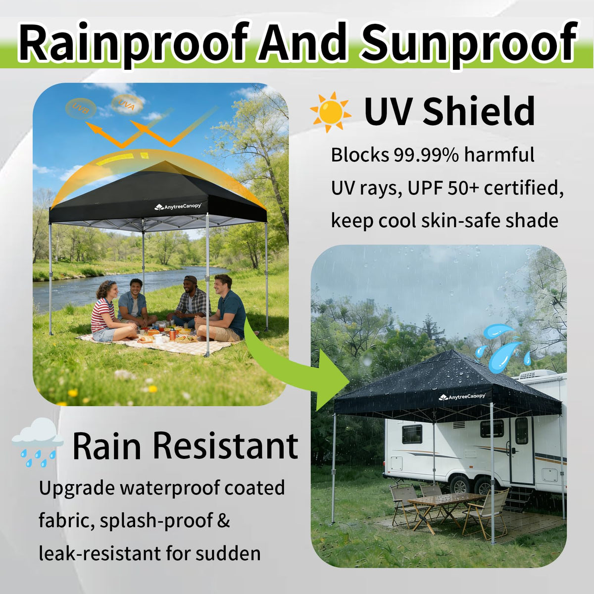 Anytee-10x10 Pop Up Canopy Tent, Easy Up Waterproof Outdoor Canopy with Wheeled Bag, Sun Shade for Patio, Backyard, Parties, Camping-Black
