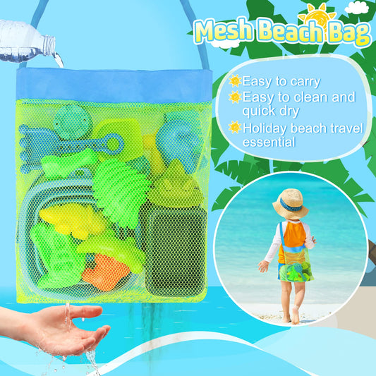 FUSPWEAO Beach Toys, Dinosaur Sand Toys with Dump Truck and Collapsible Beach Bucket, Shovel and Rake, Mesh Bag, Animal Dinosaur Sand Molds, Sand Castle Toy, Sandbox Toys for Toddlers Kids Boys