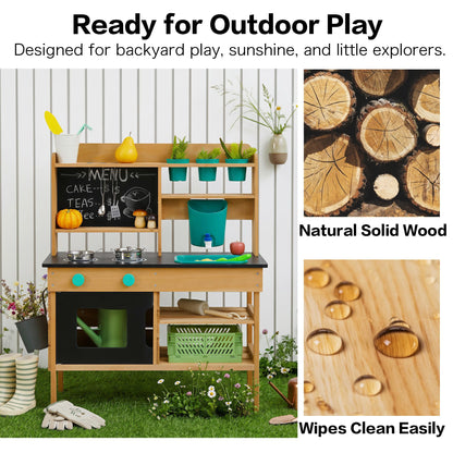 Mud Kitchen for Kids Outdoor, Wooden Play Kitchen with Real Working Faucet & Water Tank, Sensory Montessori Kitchen Playset with Sink, Chalkboard, Pots & Pans for Toddlers & Kids Ages 3+