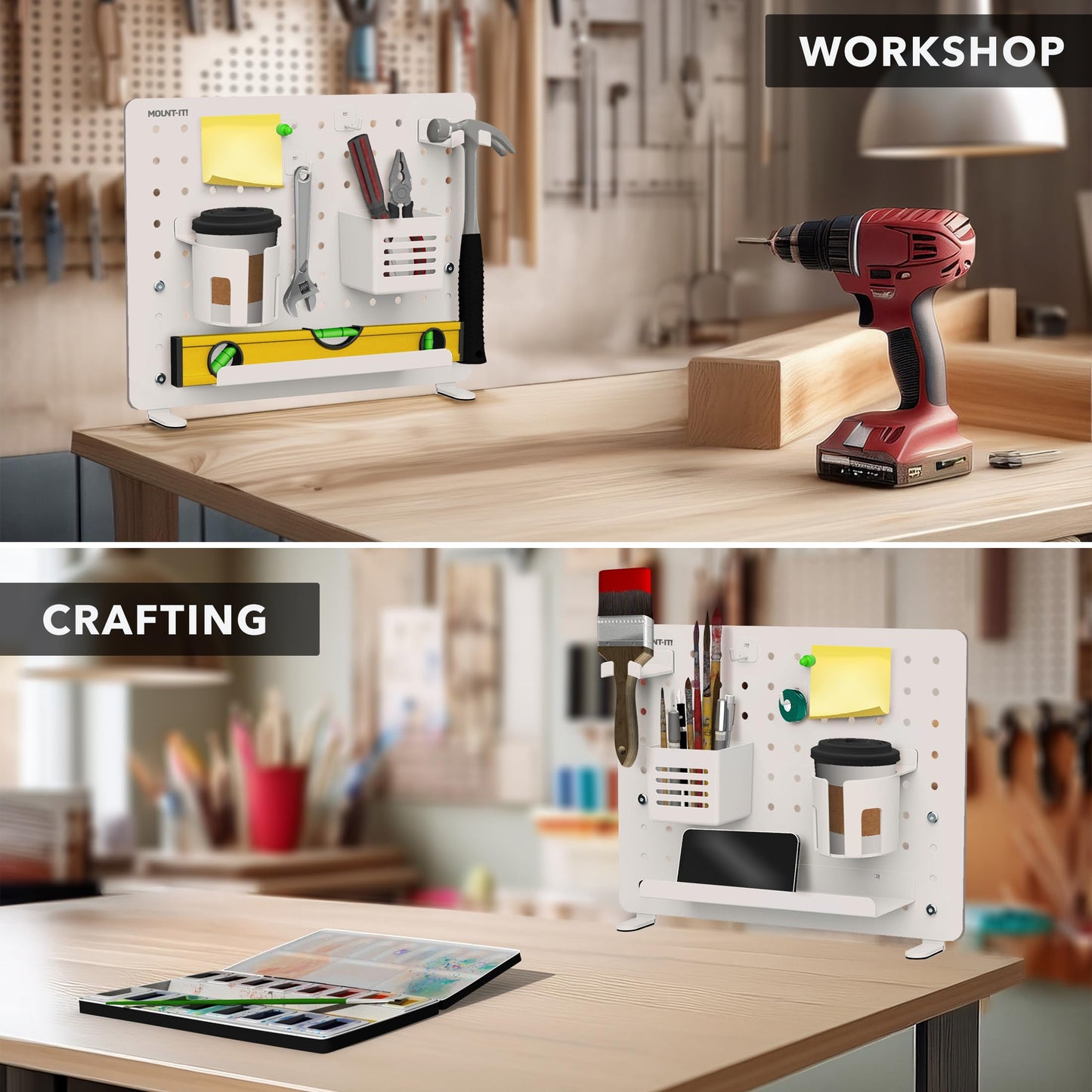 Mount-It! Clamp-On Pegboard Organizer | Adaptable Desk Storage for Home Office, Gaming & Crafting | Easily Organize Essentials with Shelf, Cup Holder & Hooks (White)