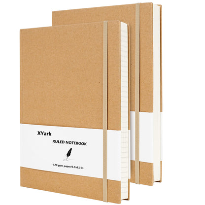 XYark A5 Line Kraft Notebook Journals Bulk, College Ruled Hardcover Writing Subject Composition Notebooks with Lined Paper, 2 Pack, 120GSM, 102 Sheets, 5.5x8.3 inch, Travel Journal Set