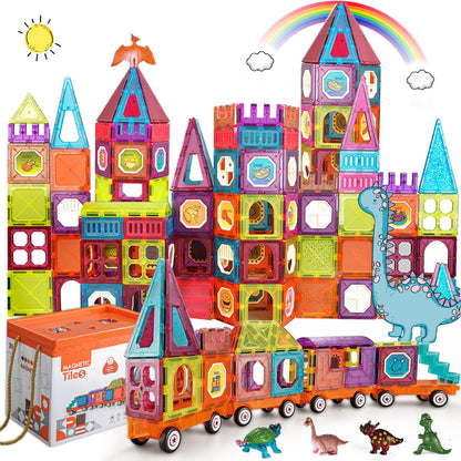 BUBUQE Magnetic Tiles Building Blocks with 4 Cars Magnet Train Set for Kids Construction STEM Toy Preschool Educational Creativity Learning Brithday Gift for Girls Boys Toddlers 3 4 5 6 7 8