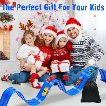 20 Ft Flexible Race Track Toys, Flex Race Car Ramp Track with 4 Race Cars & Suction Cups Rolls Up Portable DIY Race Track Anti Gravity Car Track Set,Kids Racecar Track Toy(Blue)