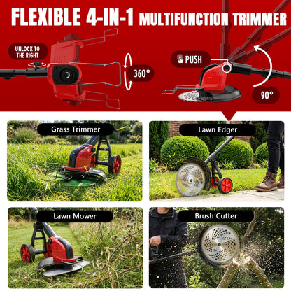 6000mAh Electric Weed Eater Battery Powered,12″ Brushless Electric Weed Wacker Cordless Wheeled String Trimmer,4 in 1 Grass Trimmer/Brush Cutter/Grass Edger/Weed Trimmer 5 Blade, 2 Battery (Red)