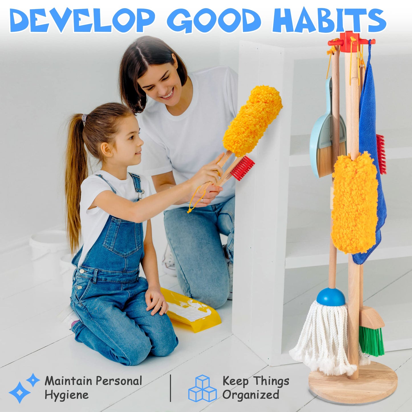 Wooden Kids Cleaning Set for Toddlers,8 Pieces Montessori Cleaning Toys with Kids Broom and Mop Set, Housework Pretend Play Toy Gift for Boys Girls Ages 3+