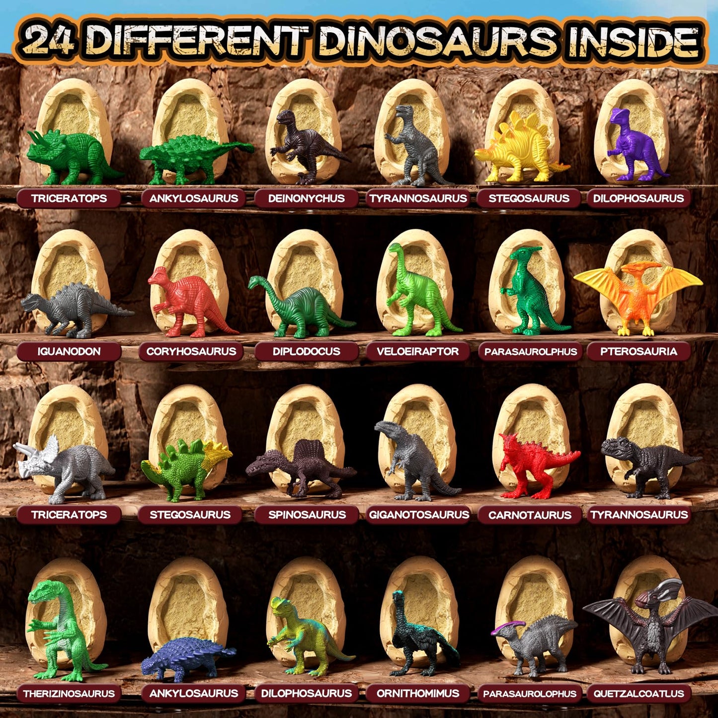 24 Dinosaur Eggs Dig Kit Toys for Kids, Dinosaur Eggs Excavation Kit with Magnifier, Easter Basket Stuffers, Science STEM Birthday Party Favors Gifts for Boys Girls Age 3 4 5 6 7 8 9 10 + Years Old