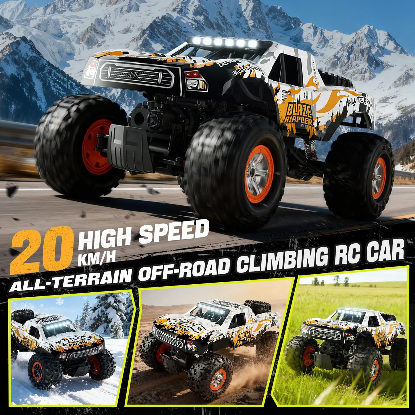 1:10 Amphibious Remote Control Car, 2.4 GHz Waterproof Monster Truck Toys RC Cars, 4WD All Terrain Off-Road Pickup RC Trucks , 2 Batteries 60Mins Play, Kids Toy Gift for Adults Kids Boys Girls