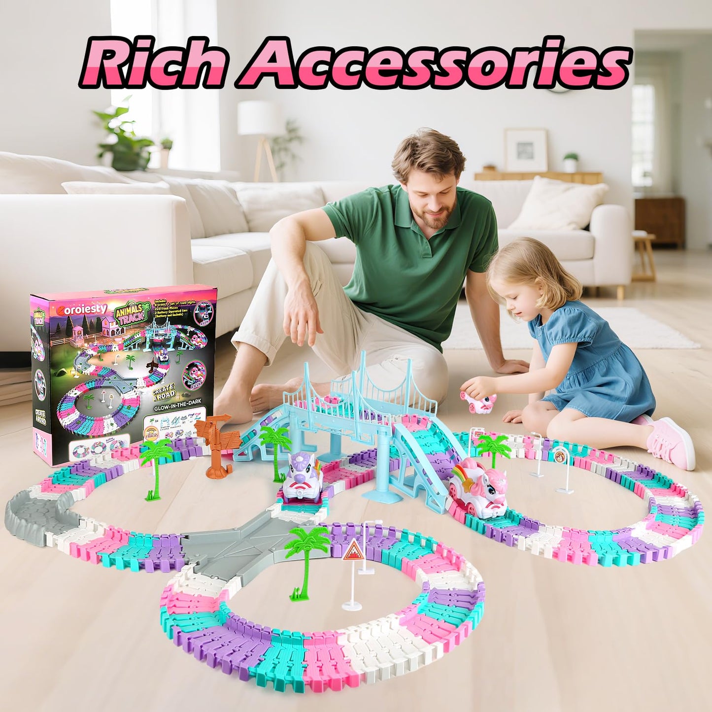 268 PCS Unicorn Race Tracks for Kids Toys, Glow in The Dark Magic Toy Set, 2 Unicorn Cars Track, Flexible DIY Track Set, Birthday Gift for Age 3-9 Boys Toddler Girls