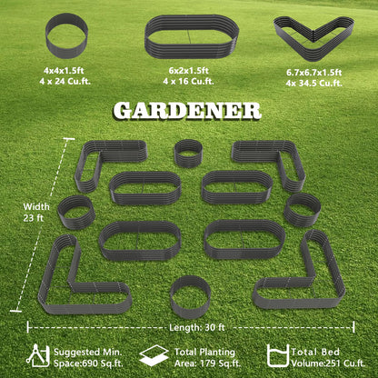 A ANLEOLIFE 12-Pack Galvanized Raised Garden Beds Outdoor, 18" Deep Modular Metal Planter Box Kit, Whole Backyard Farm Garden System with Oval Heart & Round Beds for Vegetable & Flowers, Quartz Grey