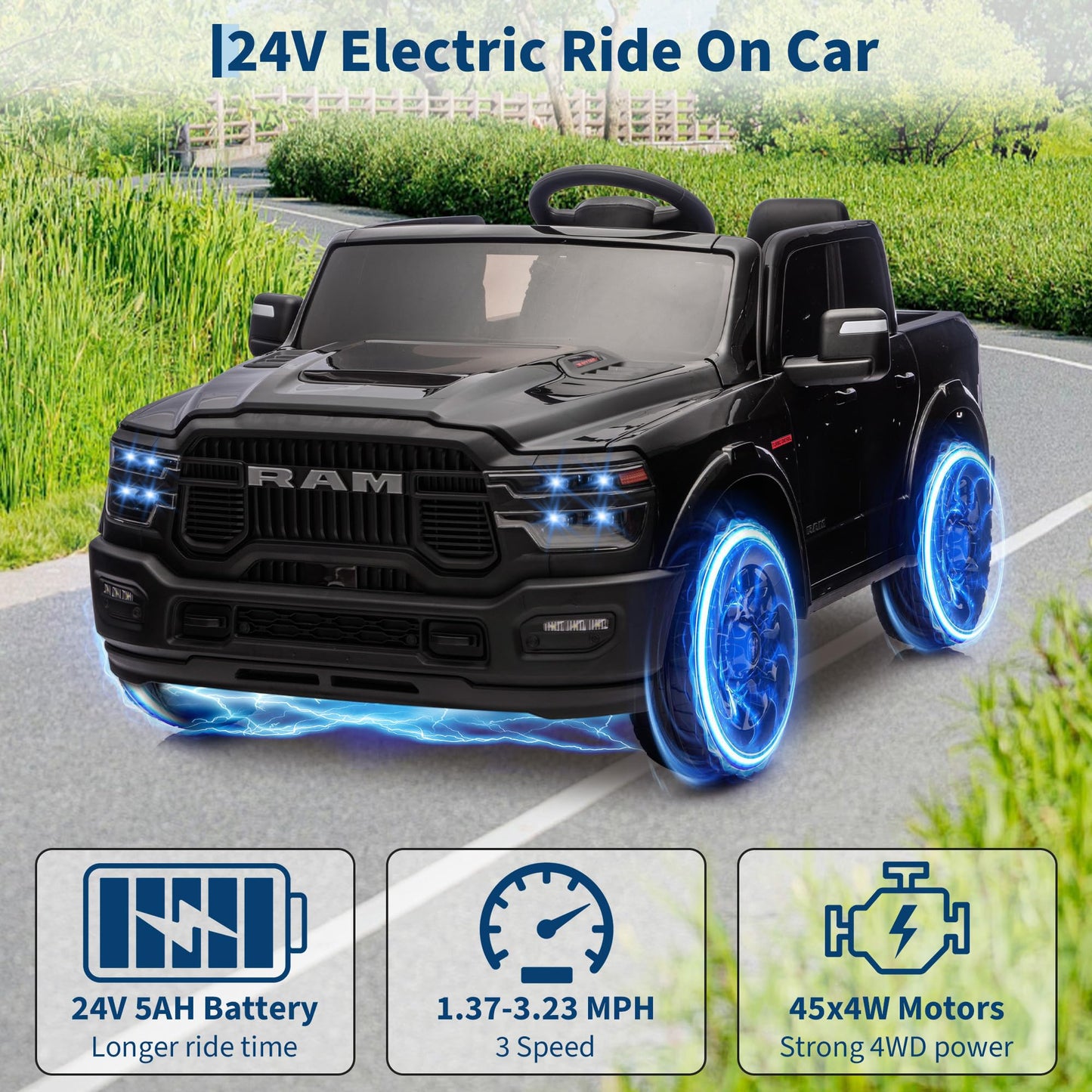24V Ride on Car for Big Kids Licensed RAM 2500, 24v Ride on Truck w/Remote Control, Toddler Ride on Toys w/Bluetooth, Spacious Truck Bed, 3 Speed, LED Lights, Suspension, Gifts for Boys Girls, Black