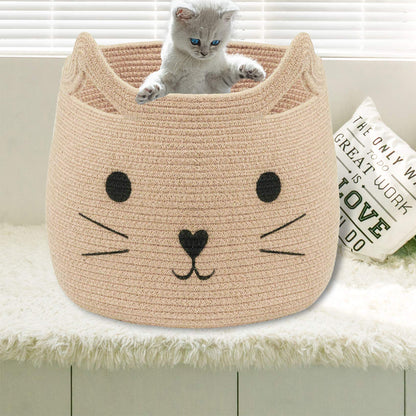 VK VK·LIVING Animal Baskets Large Woven Cotton Rope Storage with Cute Cat Design Laundry Organizer for Towels, Blanket, Toys, Clothes, Gifts – Cat Toy Box Pet or Baby Gift Baskets 15"Lx14H"
