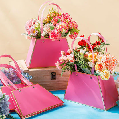 Noveread 24 Pcs Mother's Day Floral Gift Bags Bulk Portable Flower Bouquet Wrapping Paper Bag with Handle Waterproof Florist Wrap Centerpiece Box for Women Anniversary Wedding Birthday(Hot Pink)