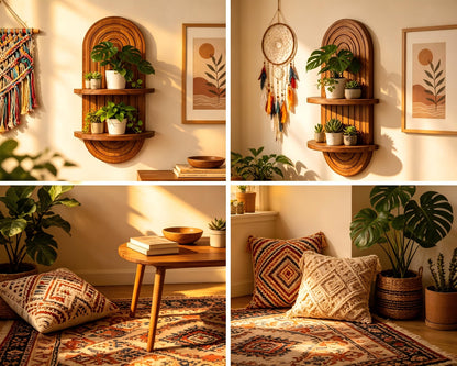 Vituney Boho Wall Shelf Decor Plant Wall Shelf Mid Century Modern Decor Hanging Plant Shelves, 2 Tier Wooden Art Floating Shelves for Home Bathroom Bedroom Living Room Planter