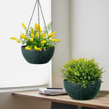 Meowell 10 inch Hanging Planters for Indoor Outdoor Plants, 2 Pack Hanging Flower Pots with Drainage Holes and Chain for Garden, Plastic Hanging Baskets for House Plants, Black with Green Speckles