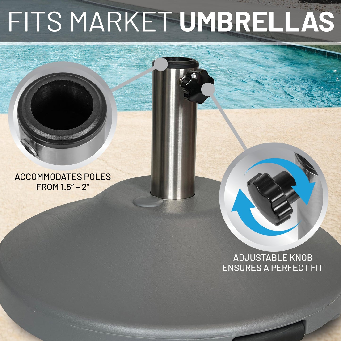 US Weight Premium Fillable Umbrella Base for Patio Table - Adjustable Umbrella Stand with Stainless Steel Stem - Made in The USA - Grey