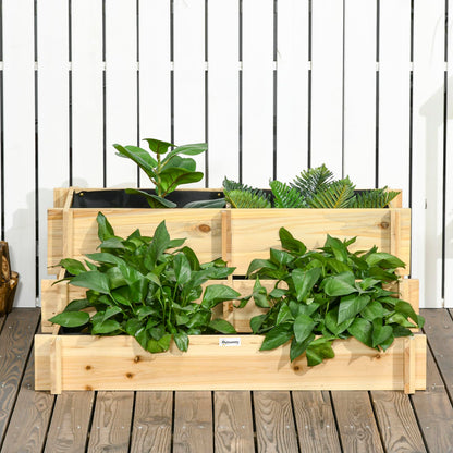 Outsunny 3-Tier Raised Garden Bed with 5 Compartments and Bed Liner, Fir Wood Elevated Planter Box, for Vegetables, Herbs, Outdoor Plants, 37 x 37 x 14in, Natural