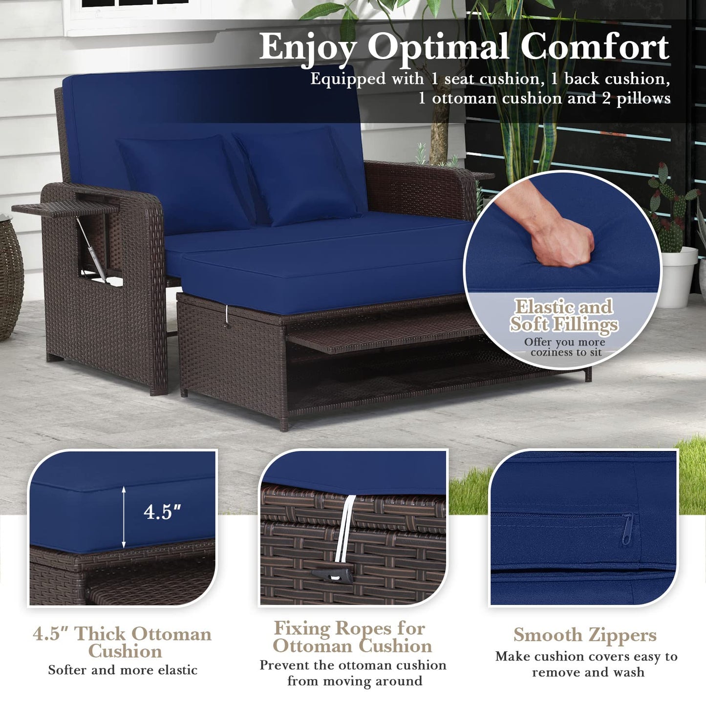 Tangkula Patio Rattan Daybed with 4-Level Adjustable Backrest, Outdoor PE Wicker Loveseat with Storage Ottoman & Folding Side Tray, Double Sunbed Lounger for Balcony, Backyard & Poolside, Navy & Brown