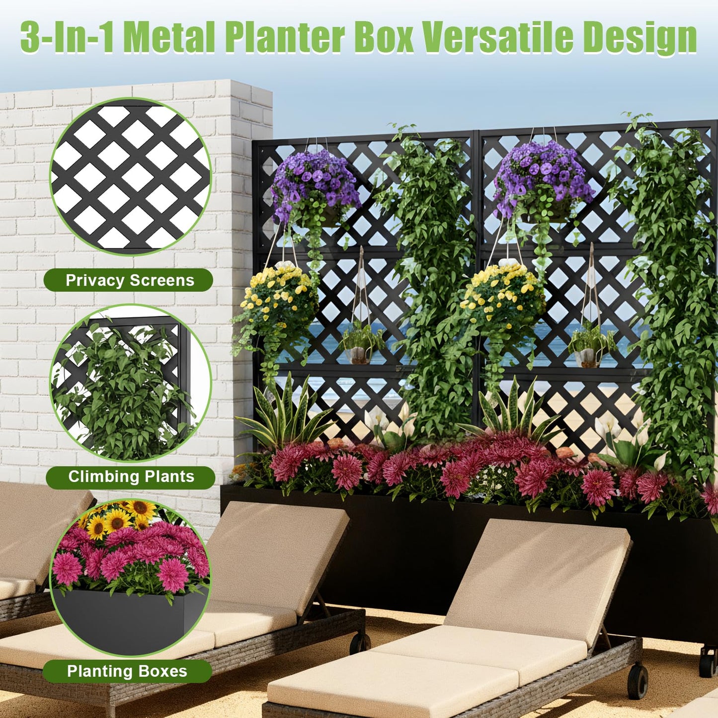 Luzfuego 72" Metal Planter Box with Trellis, Tall Outdoor Planter Box, Raised Garden Bed on Wheels for Climbing Plants, Outdoor Flower Planter with Drainage & Lockable Casters