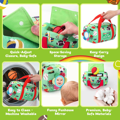 My First Sports Bag 6-12 Months Baby Tissue Box Toy, 17pcs Montessori Sensory Set: Plush Ball, Crinkle Paper, Scarves & Mirror, Squeaky Fine Motor 1 Year Old Infant Toddler Gifts Easter Basket Stuffer