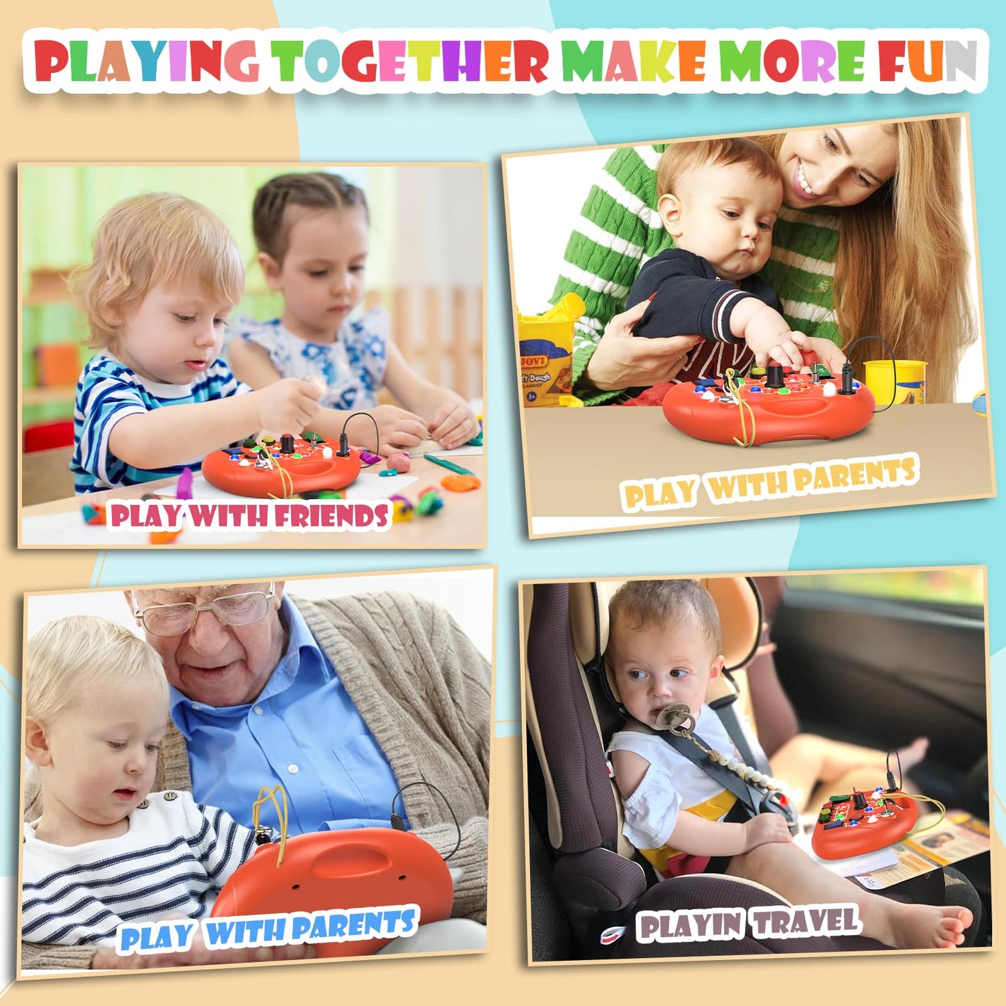 JIWORT Montessori Busy Board for 1 Year Old, Busy Board with LED Light, Baby Sensory Board Toddler Travel Toys for Kids Preschool Learning Activities Boys & Girls Birthday (Orange)