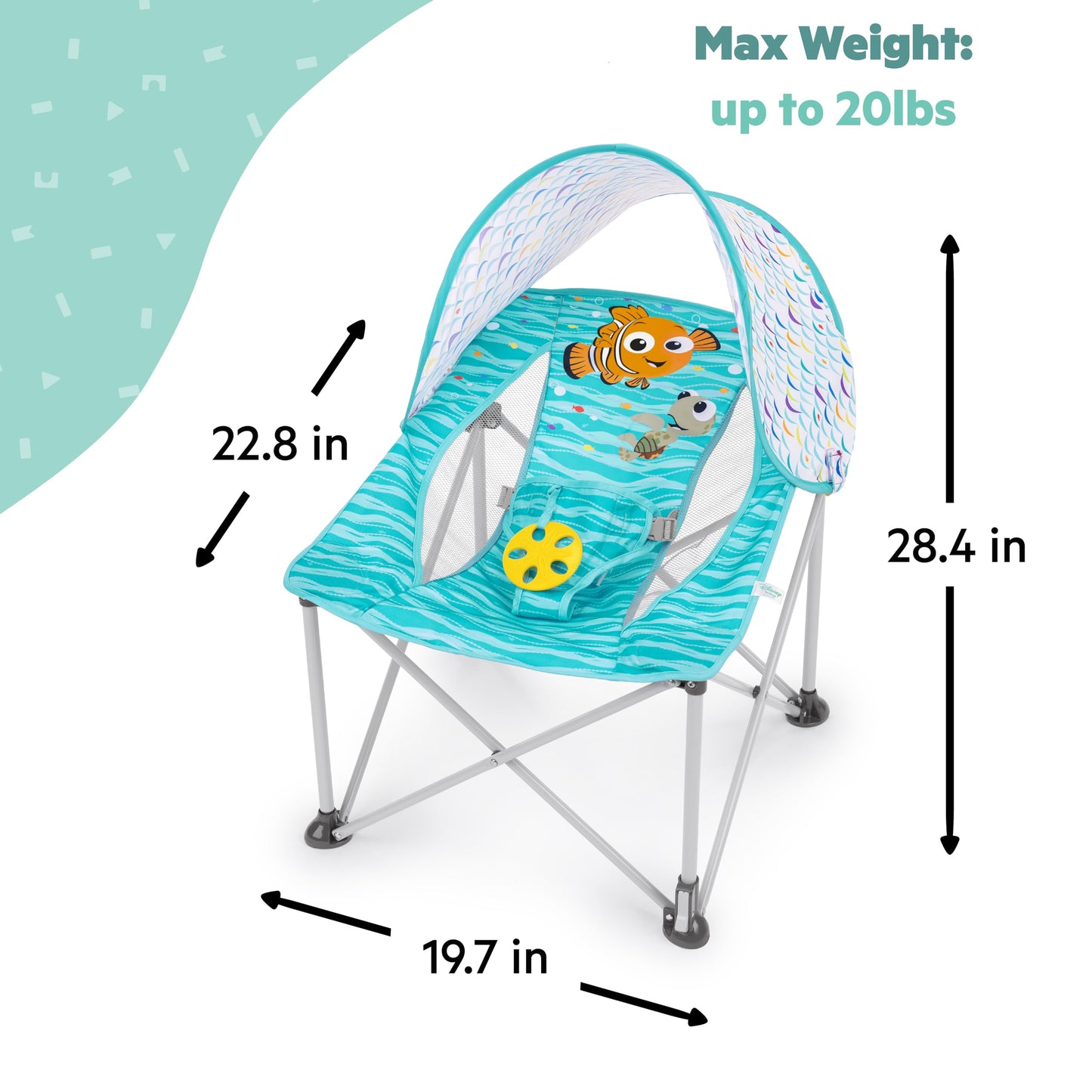 Bright Starts Disney Finding Nemo Pop 'N Chill Baby Chair Travel Seat, Indoor/Outdoor Use, Infant Seat with UPF 50+ Canopy, Blue, Ages 0-6 Months