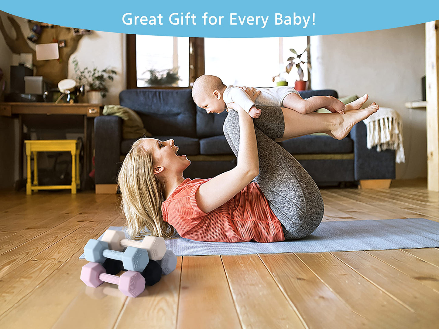 Giftty Baby Dumbbell Infant Rattle Silicone Teething Toy Teether Infants Toddler Sensory Toy Exercises Weight - Made of 100% Food-Grade Silicone, Safe for Baby Boys and Girls (1pcs 4.8oz - Blue)