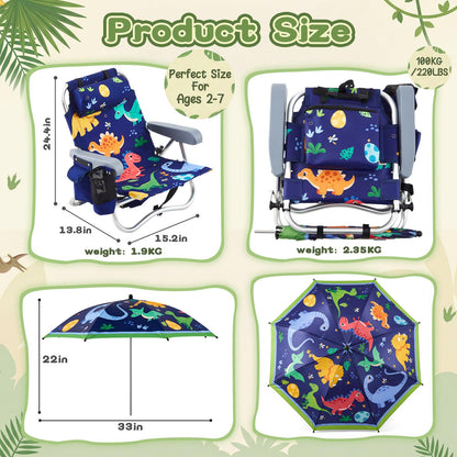 Yalikop Kids Beach Chair with 4 Positions Seaside Beach Chair with Umbrella Kids Folding Camping Seating for Boy Girls Children Sand Camping Travel Outdoor Summer Supply(Dinosaur Theme)